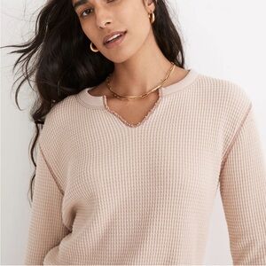 Madewell Waffle Split-Neck Tee, Antique Cream Color with Brown Details, Size XS